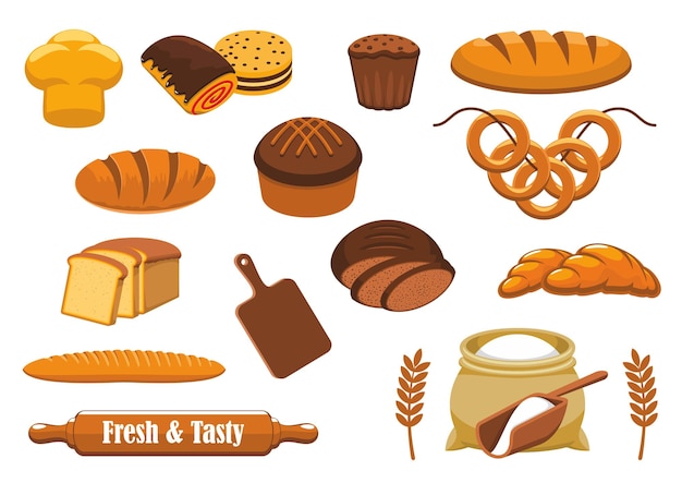 Set di icone isolate di pane con pane di segale e grano, pagnotta lunga, baguette, croissant, cupcake, panino dolce, pane tostato, bagel, biscotto, rotolo glassato, sacchetto di farina, orecchio di cereali, mattarello e tagliere