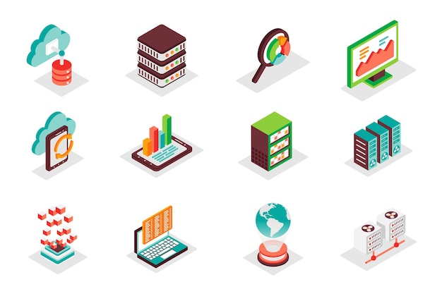 Set di icone isometriche 3d per Big Data Set di elementi isometrici del cloud computing, server di archiviazione, database, analisi del datacenter, statistiche e altro Illustrazione vettoriale per il web design moderno