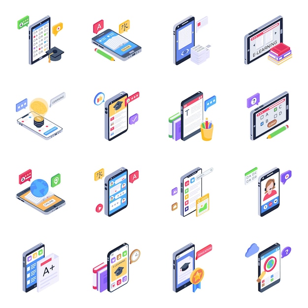 Set di icone isometriche di app per l'apprendimento mobile