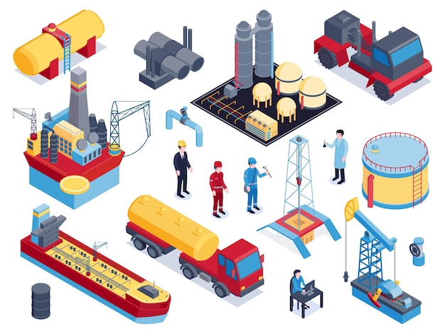 Set di icone isometriche per l'industria petrolifera con strumenti e attrezzature per l'illustrazione vettoriale dei lavoratori delle macchine di derrick per la produzione di petrolio