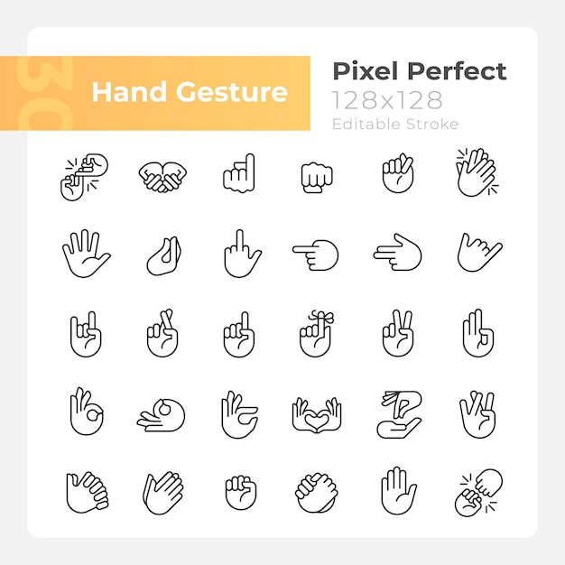 Set di icone lineari perfette per i pixel dei gesti delle mani