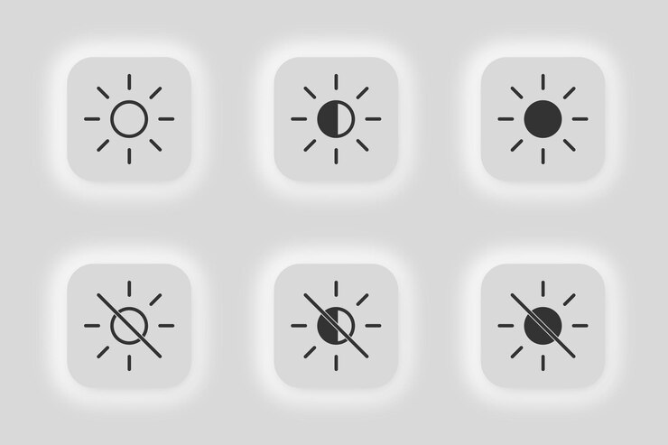 Set di icone modalità luce giorno scuro Simbolo opzione lucentezza schermo Vettore effetto segno