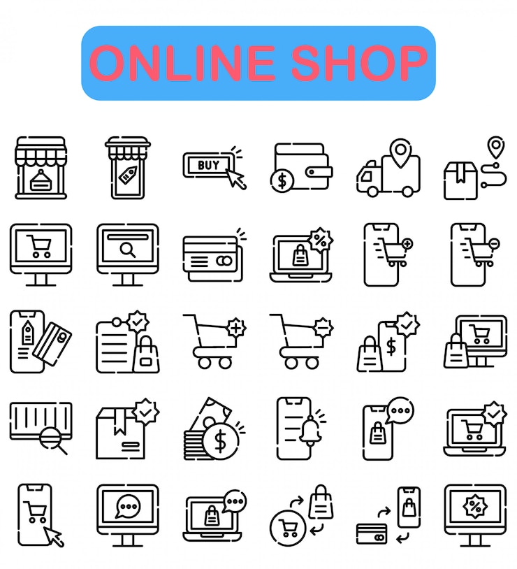 Set di icone negozio online, struttura di stile