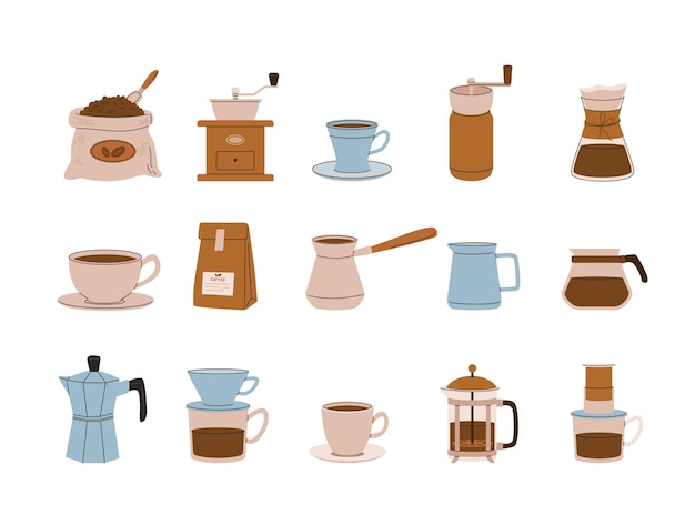 Set di icone per accessori per caffè Coppa per chicchi di caffè Geyser per gocciolamento filtro per macinatore cezve
