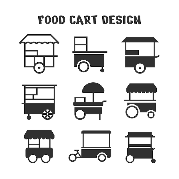 Set di icone per il carrello alimentare Carrello per chiosco per la vendita al dettaglio di strada nera o per il mercato delle ruote Collezione isolata