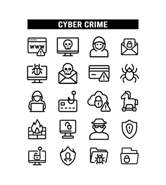 Set di icone per il crimine informatico e le minacce digitali