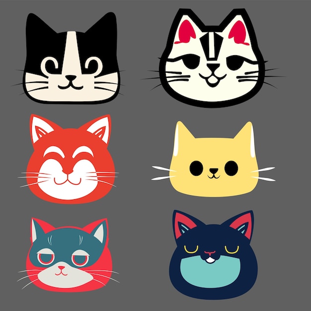 set di icone per la faccia di un animale domestico a testa di gatto Illustrazione vettoriale in stile flat design EPS 10