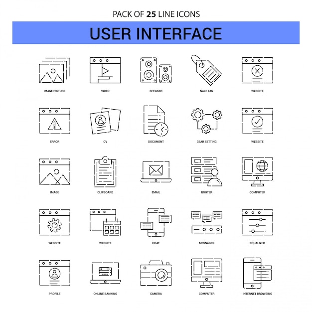 Set di icone per linea dell&#39;interfaccia utente - 25 Stile contorno tratteggiato
