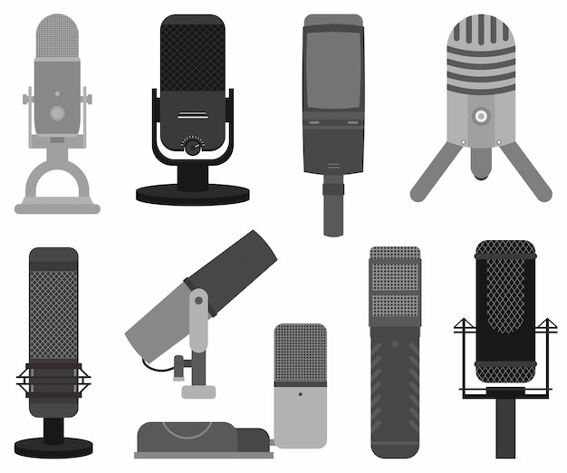 Set di icone per microfono podcast Collezione di badge vettoriali per altoparlanti podcast in studio musicale Diversi modelli come Rode NTUSB Blue Yeti mic Rode Procaster mic ecc Simbolo dello studio di registrazione