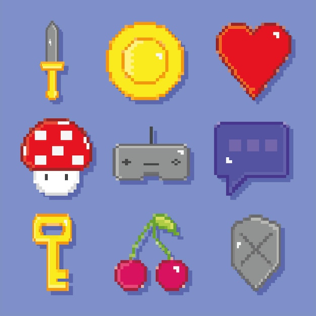Set di icone per videogiochi pixel