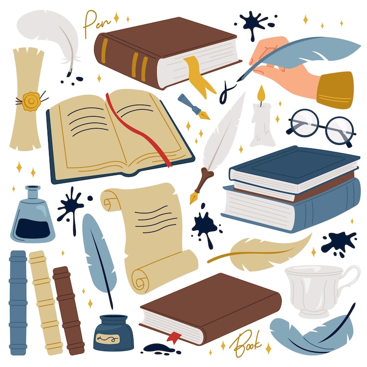 Vettore set di icone piatte di libri e penne vecchia cancelleria calamaio e pergamena penna per scrivere e inchiostro