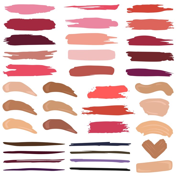 Vettore set di icone piatte per tratti di trucco diverse macchie colorate di rossetto per fondotinta blush tavolozza pastello per il viso campioni di cosmetici illustrazioni isolate a colori