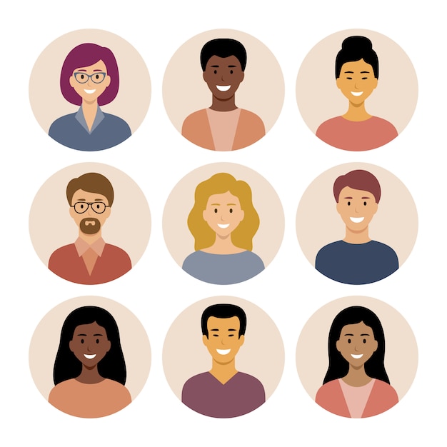 Set di icone piatte rotonde con persone. Nazionalità diverse.