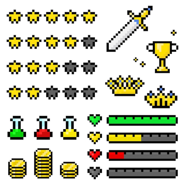 Set di icone pixel art per giochi retro