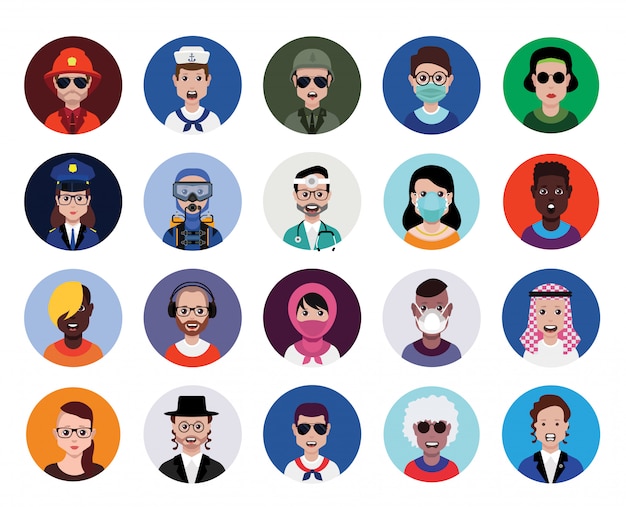 Set di icone profilo avatar inclusi avatar maschili e femminili.