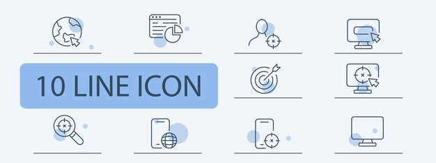Set di icone pubblicitarie Smartphone pianeta lente d'ingrandimento ricerca pubblico di destinazione internet 10 linee stile icona linea vettoriale per affari e pubblicità
