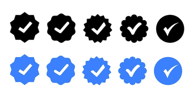 Set di icone segno di spunta Verifica del profilo Set di icone verificate con stile badge verificato dai social media Set di icone di conferma vettoriale Segno di spunta Illustrazione vettoriale