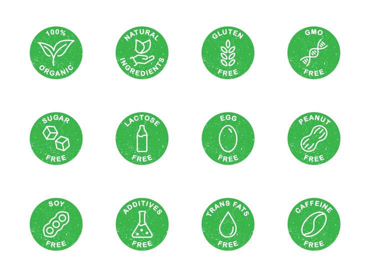 Vettore set di icone senza allergeni allergeni comuni icone di allergeni alimentari colore verde della struttura del grunge illustrazione vettoriale piatta