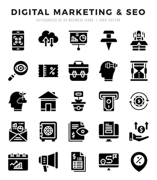 Set di icone SEO di marketing digitale Pacchetto di icone in stile line art semplice