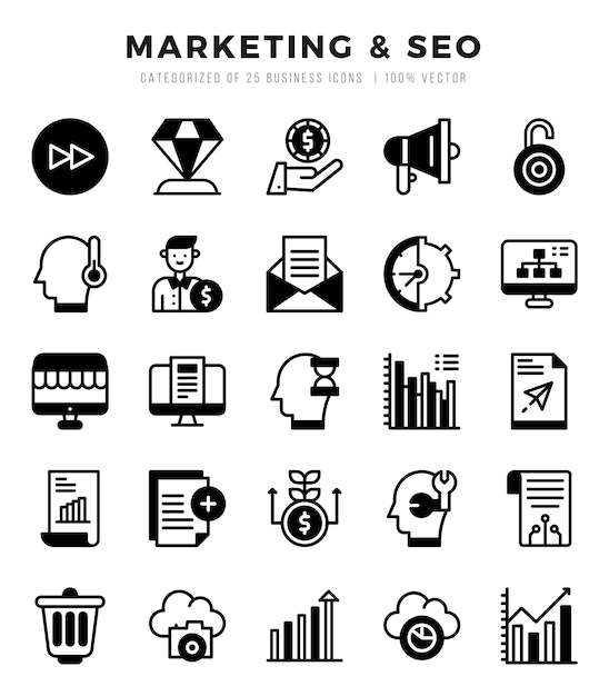 Set di icone SEO di marketing Pacchetto di icone in stile line art semplice