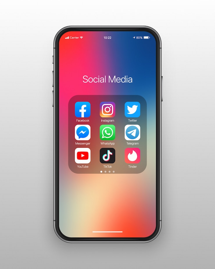 Set di icone social media cartella smartphone