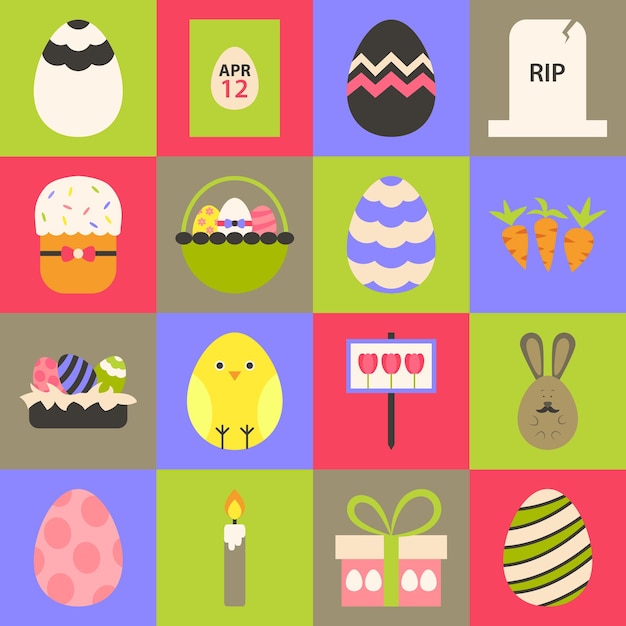 Set di icone stilizzate piatte di Pasqua 1. Set di icone colorate di Pasqua colorate in stile piatto