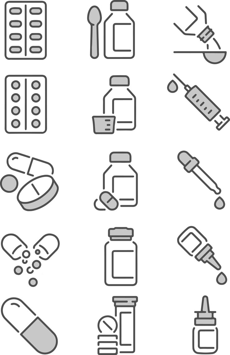 Vettore set di icone sulle forme di dosaggio dei farmaci come contenitori di farmaci antidolorifici bottiglia di farmaci