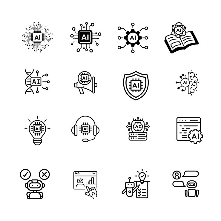Set di icone vettoriali a linea di intelligenza artificiale
