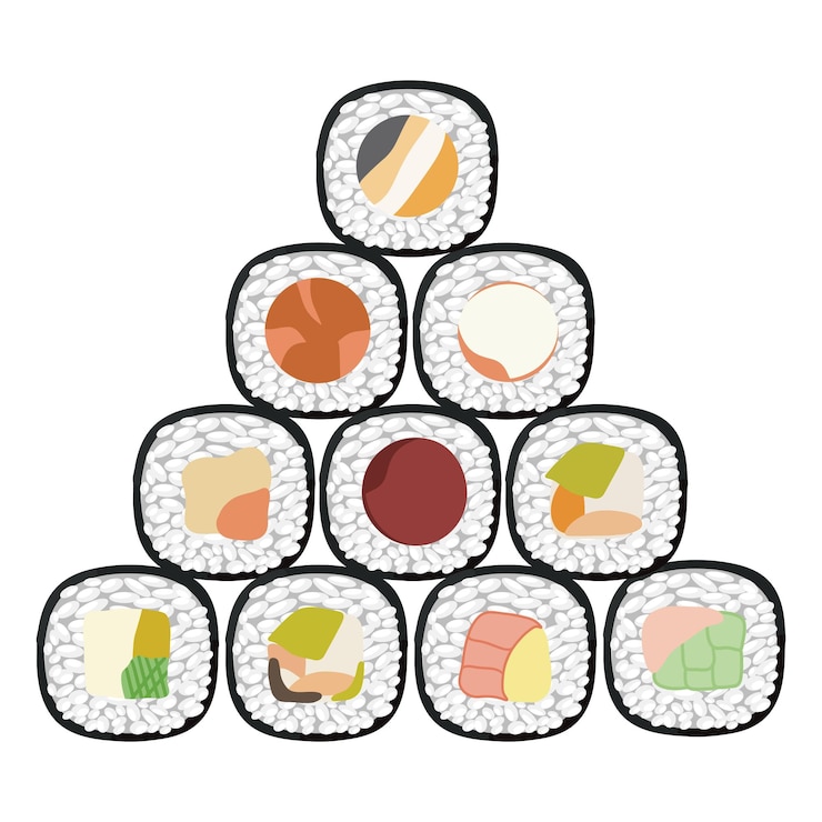Vettore set di icone vettoriali di deliziosi rotoli di sushi colorati