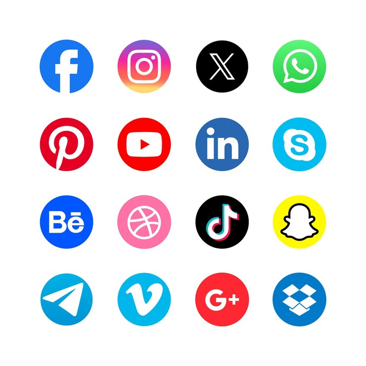 Set di icone vettoriali di social media popolari tra cui Facebook Instagram x YouTube WhatsApp