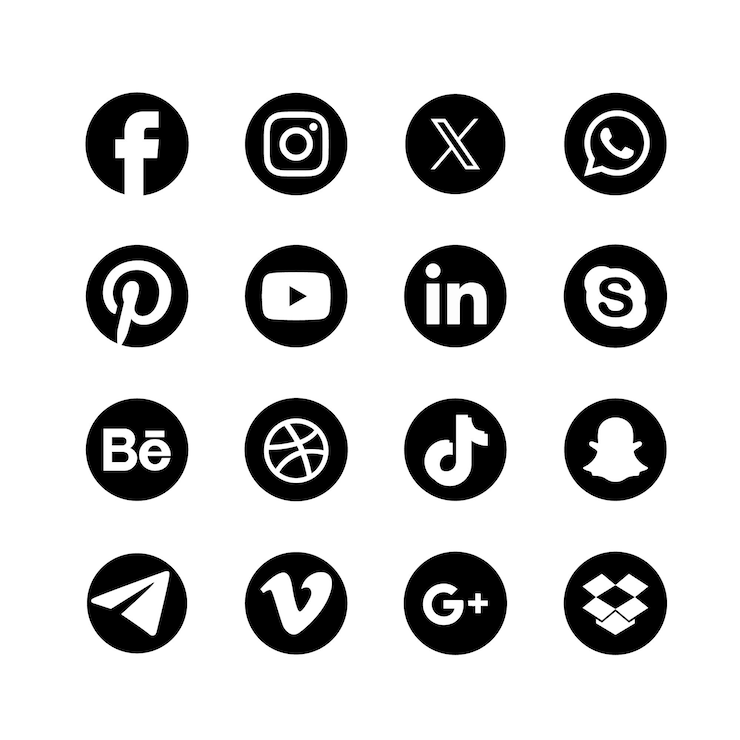Set di icone vettoriali di social media popolari tra cui Facebook Instagram x YouTube WhatsApp