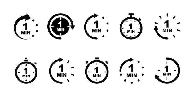 Set di icone vettoriali di un minuto Tempo di esecuzione 1 minuto timer Cronometro e conto alla rovescia Vettore Premium