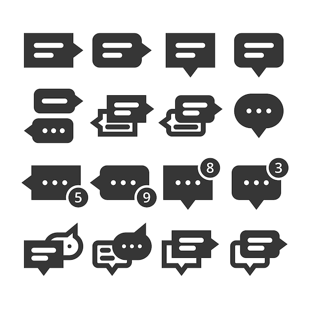 Set di icone vettoriali in stile glifo con bolle vocali e fumetti di dialogo