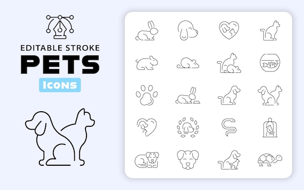Set di icone vettoriali per animali domestici Icone per la cura degli animali e la clinica veterinaria Cani, gatti, cuccioli, animali domestici collezione di icone a linea sottile correlate Stroke modificabile