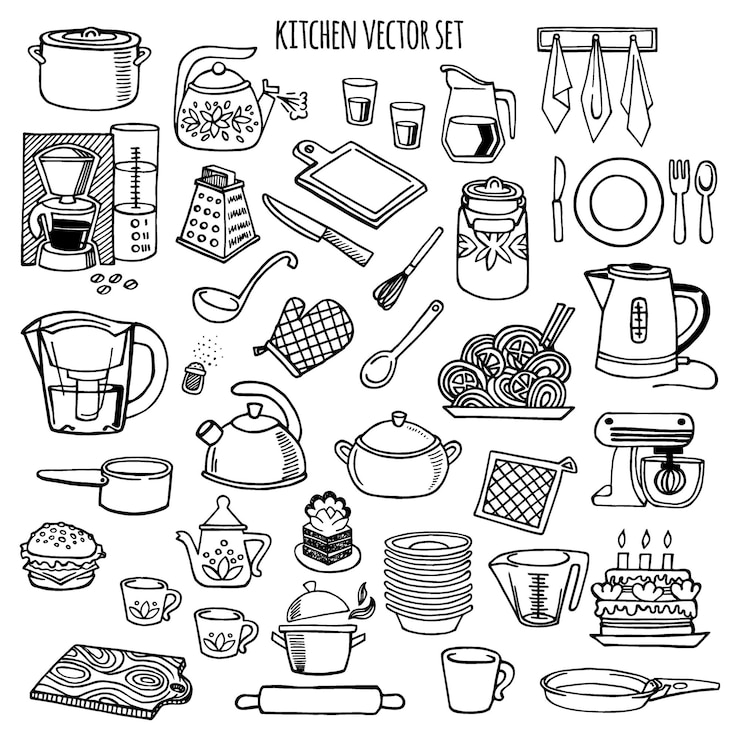 Vettore set di icone vettoriali per utensili da cucina e elettrodomestici cucina di sfondo