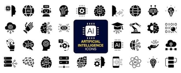 Set di icone web di intelligenza artificiale icone di tecnologia AI per web e app mobile apprendimento automatico algoritmo di tecnologia AI digitale cloud computing robotico collezione di icone vettoriali solide