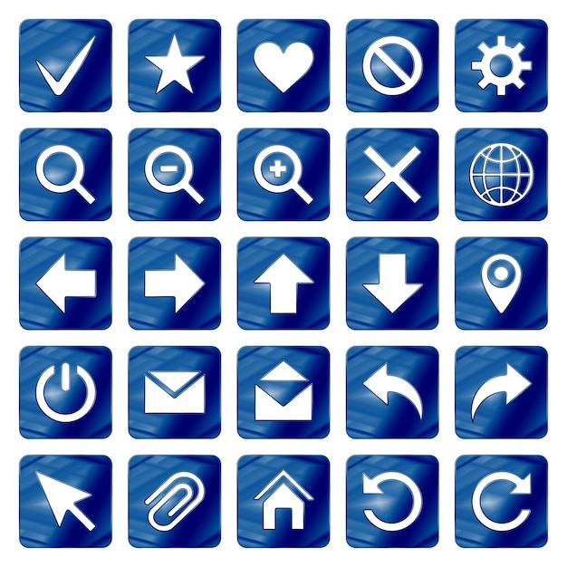 Set di icone web in metallo cromato di colore blu scuro Illustrazione vettoriale Icona multimediale dell'interfaccia
