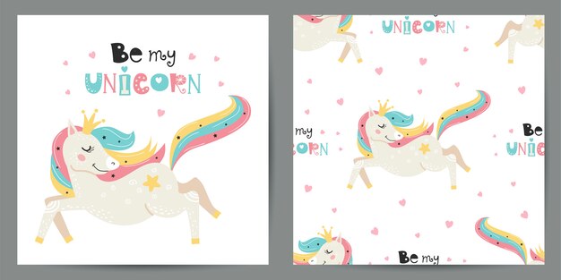 Set di illustrazione carino e seamless con unicorni