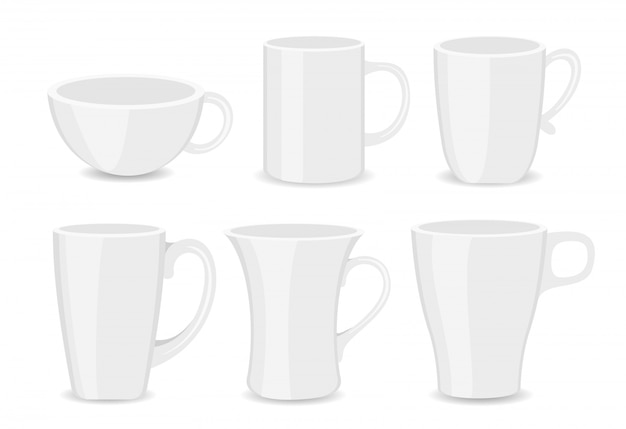 set di illustrazione di whitr tazze diverse forme e tipi su sfondo bianco in stile piatto.