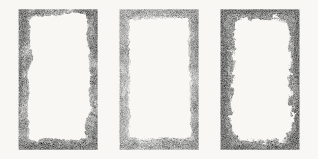 Set di illustrazione vettoriale dell'effetto semitone di noisy gritty dot dot con cornice verticale texturizzata a punti neri