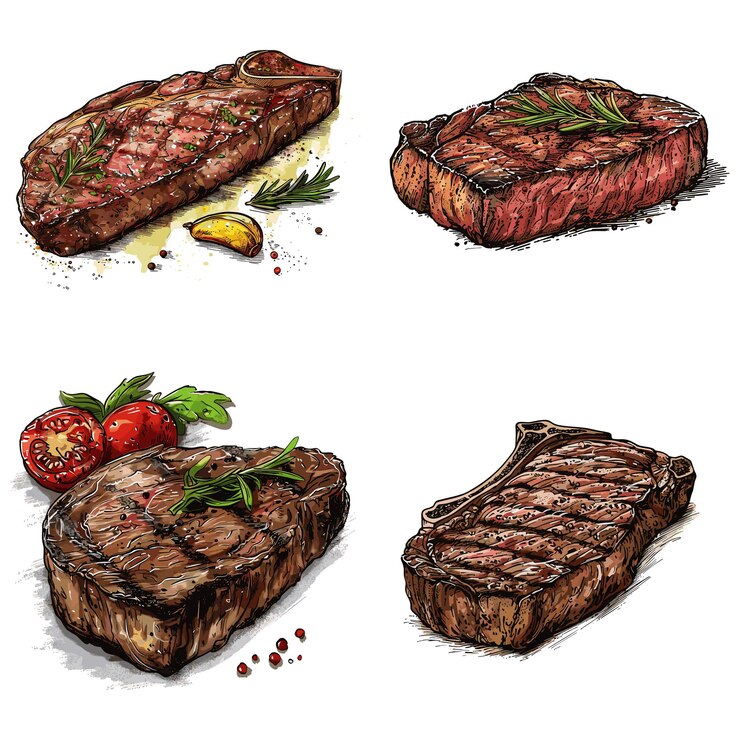 Vettore set di illustrazioni a raster di incisione a colori di bistecca isolata su sfondo bianco