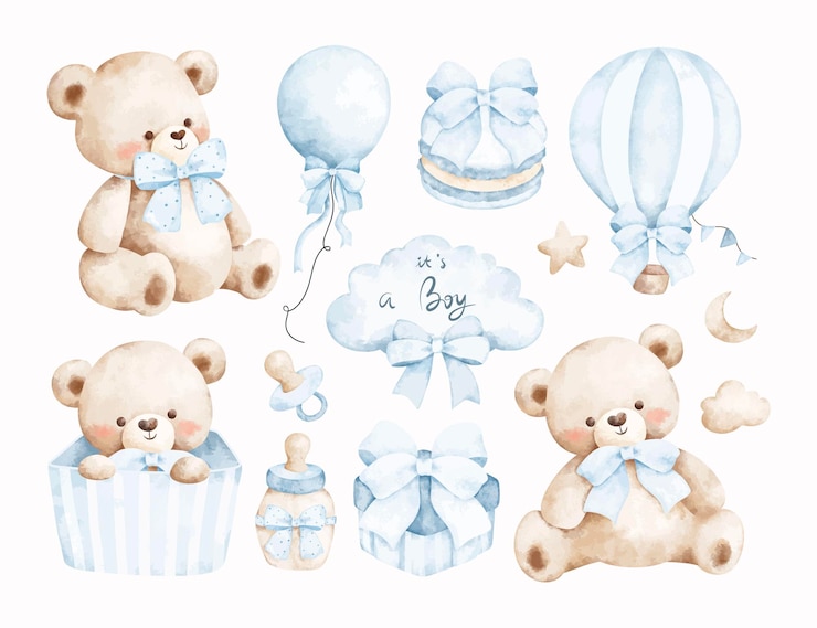 Vettore set di illustrazioni ad acquerello del tema del vivaio dell'orso di peluche e degli elementi della doccia del bambino