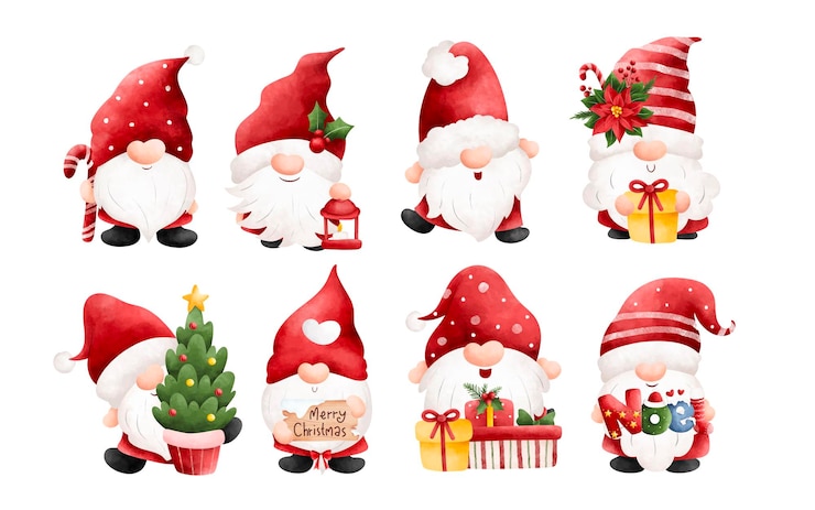 Vettore set di illustrazioni ad acquerello di gnomo di natale e ornamenti natalizi