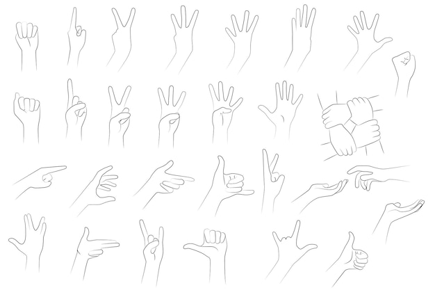 Set di illustrazioni al tratto minimalista di posizioni e gesti delle mani in linea nera su sfondo bianco