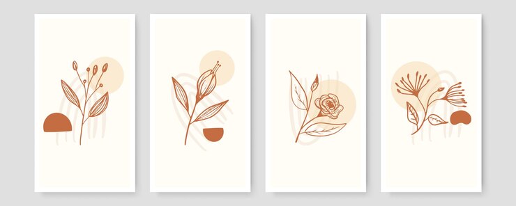 Vettore set di illustrazioni botaniche minimaliste alla moda come composizioni artistiche di linee astratte con foglie, poster di arte moderna da parete