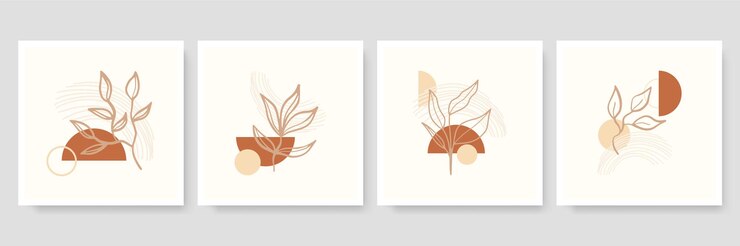 Vettore set di illustrazioni botaniche minimaliste alla moda come composizioni artistiche di linee astratte con foglie, poster di arte moderna da parete