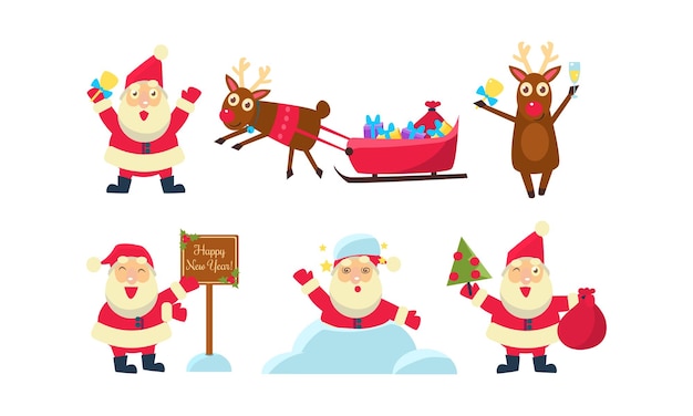 Set di illustrazioni colorate di Natale Divertente personaggio dei cartoni animati di Babbo Natale e renne Slitta da neve con regali Elementi grafici per biglietto di auguri o gioco per cellulare Icone vettoriali piatte isolate