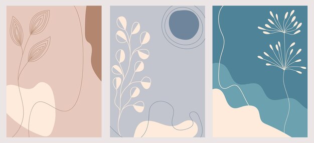 Set di illustrazioni creative e minimaliste disegnate a mano con rami decorativi, foglie, fiori e macchie astratte per la copertina dell'opuscolo del cartello del poster della cartolina x9