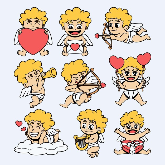 Set di illustrazioni dei cartoni animati di Cupido Valentino