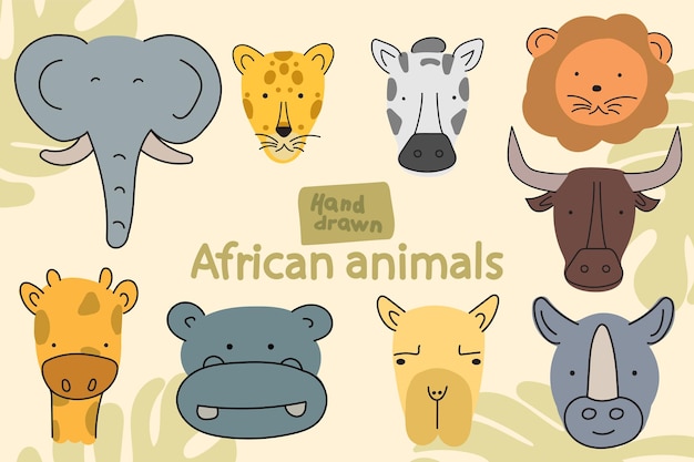 Set di illustrazioni di animali africani disegnate a mano carine e felici, collezione zoo